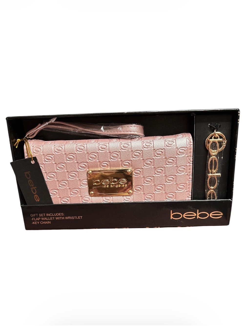 NWT Bebe Natalie Pink Monogram Flap Wallet Wristlet & Key Chain Gift Set Boxed
